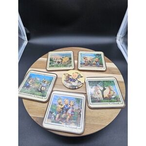 Vintage Set Of 5 Coasters Featuring MJ Hummel Art Incl. Hummel Style Hand Mirror